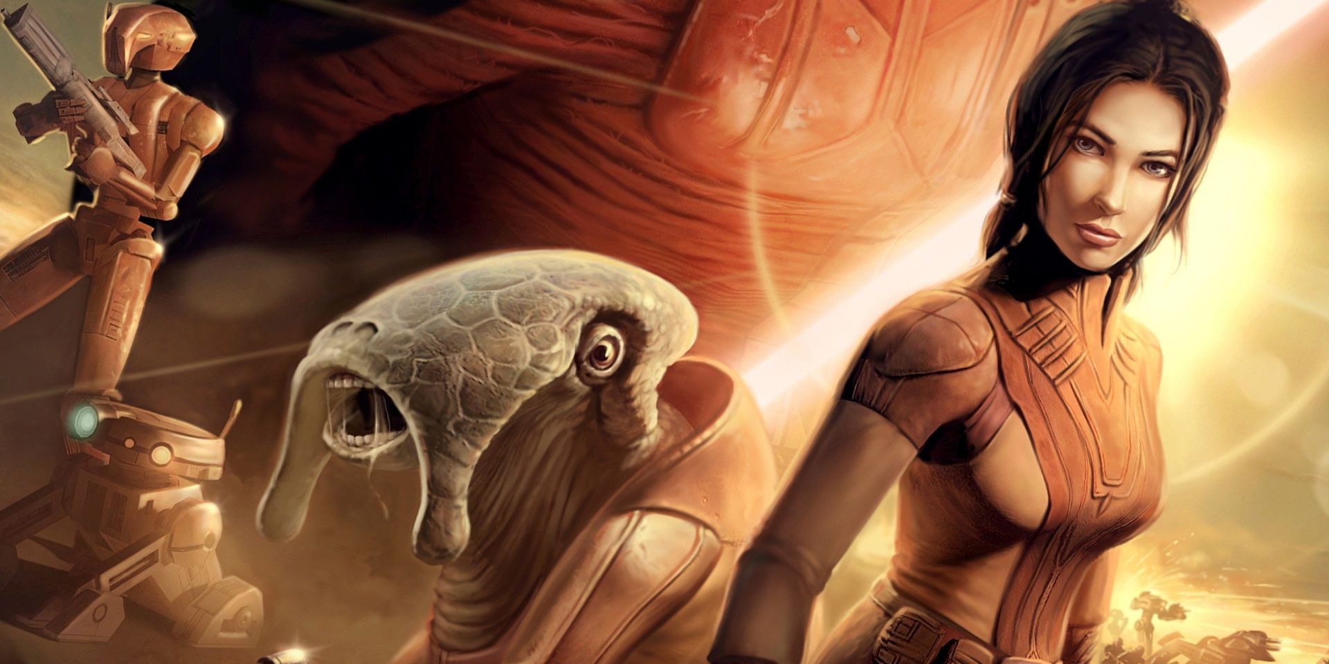 Promotional art featuring characters from the Knights of the Old Republic Star Wars RPG.