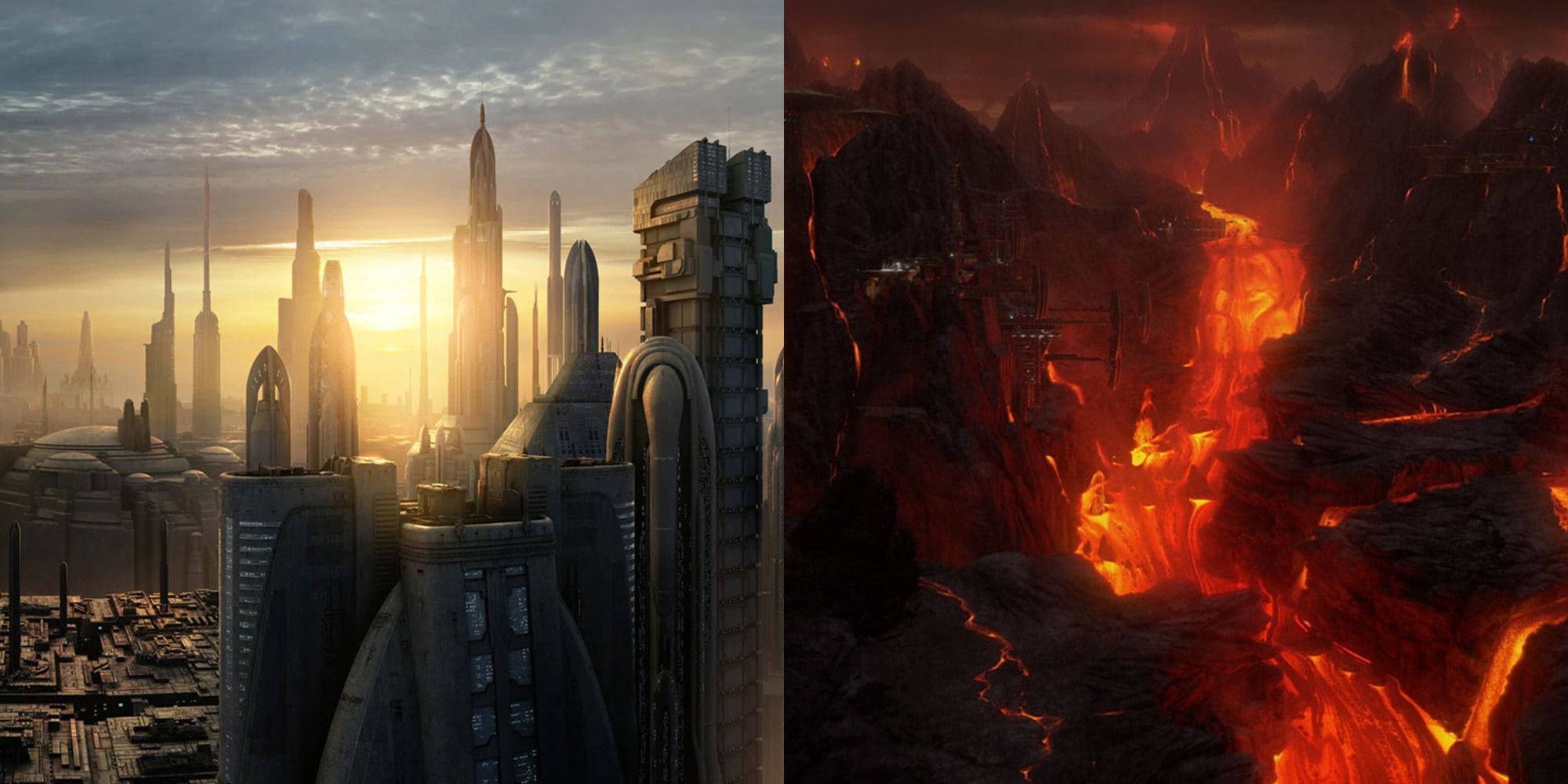 Split image showing Coruscant and Mustafar as seen in Star Wars