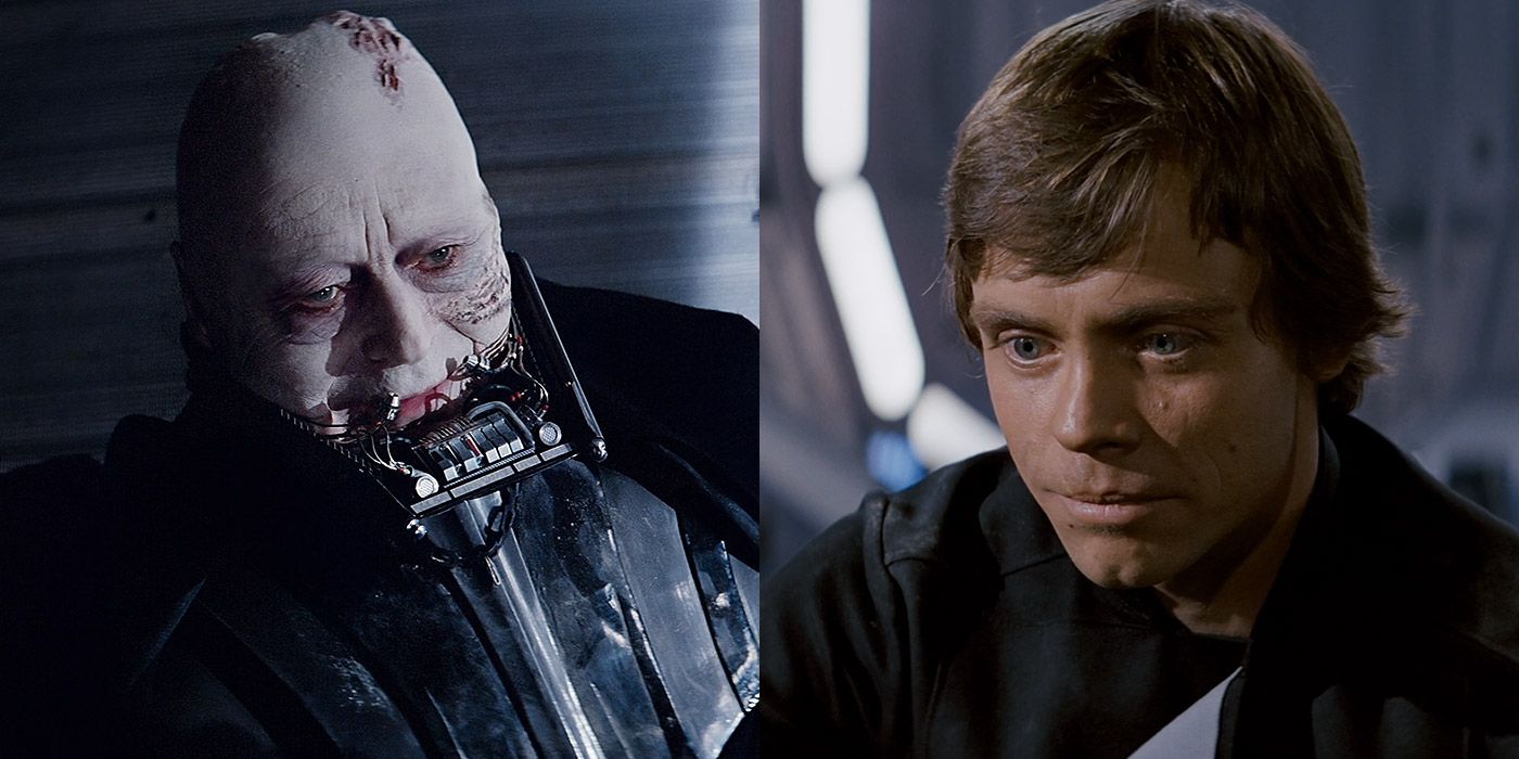 Imagem dividida de Darth Vader e Luke Skywalker na Estrela da Morte em Star Wars: Return of the Jedi