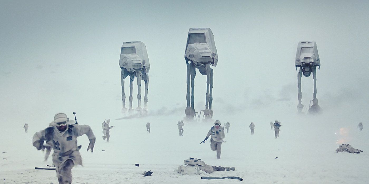 The Empire&rsquo;s AT-AT Walkers attack the Rebel base on Hoth in Star Wars: The Empire Strikes Back