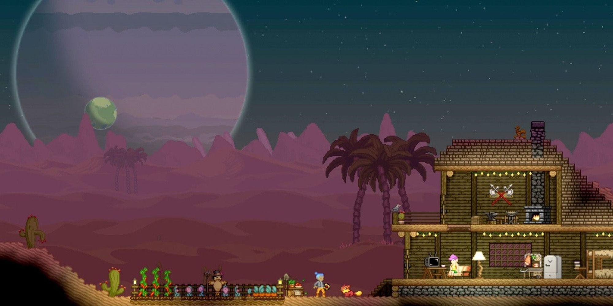 Player encounters peaceful and cozy settlement on a planet in Starbound