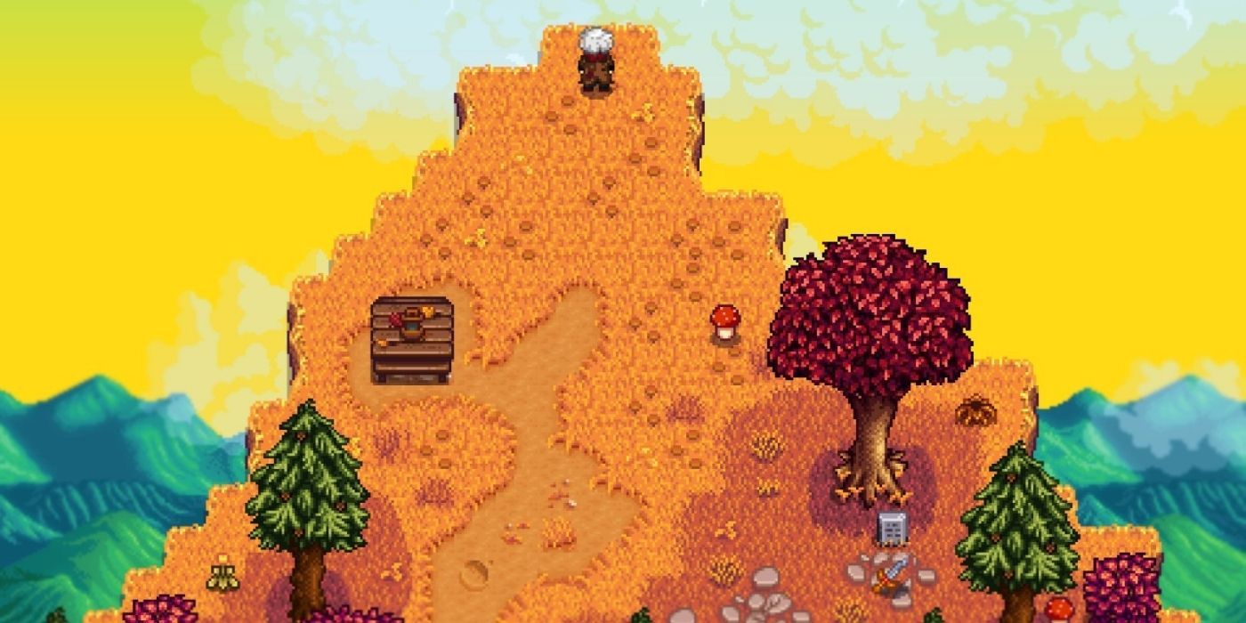 A character at the mountain Summit in Stardew Valley.