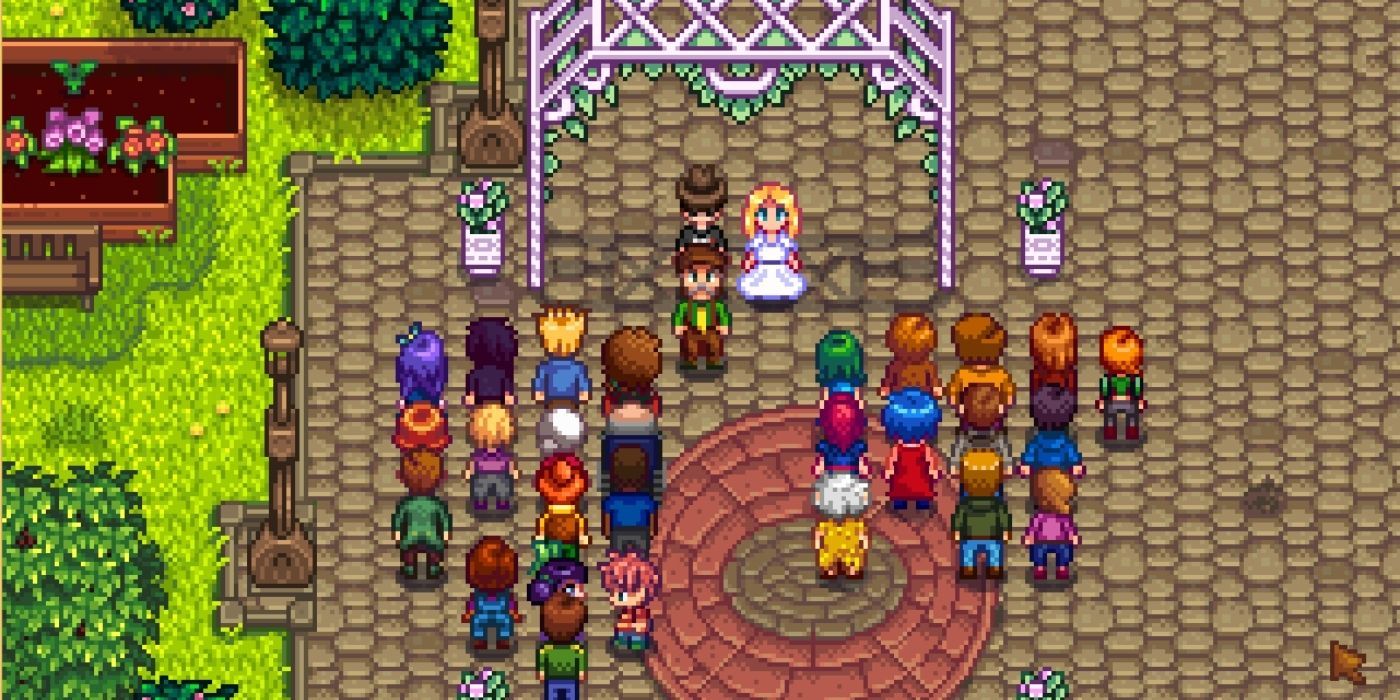 A character marries Haley in front of friends in Stardew-Valley