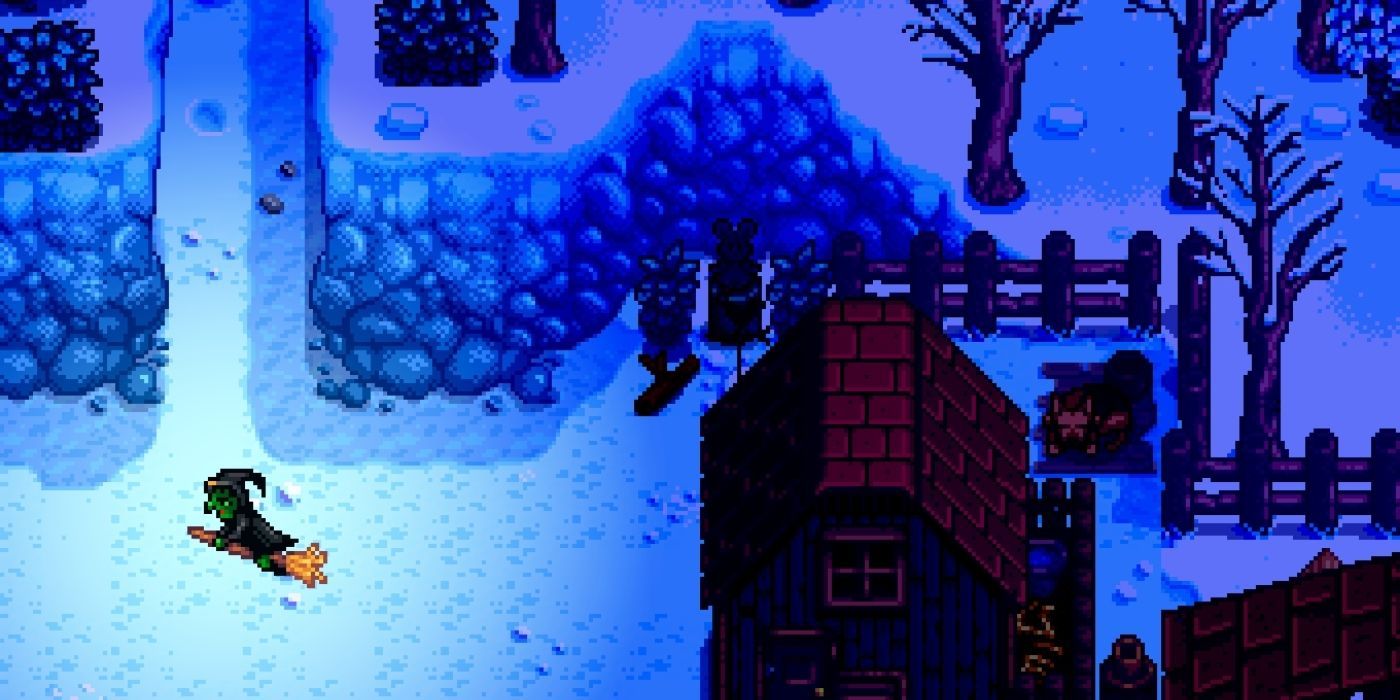 A witch flies by the farm at night in Stardew Valley.