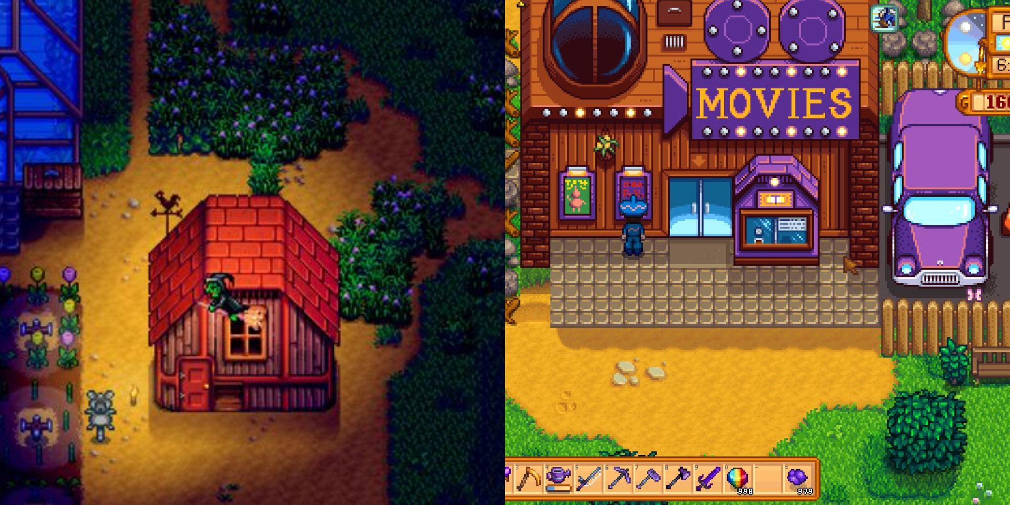 Split image showing a witch flying by and the movie theater in Stardew Valley