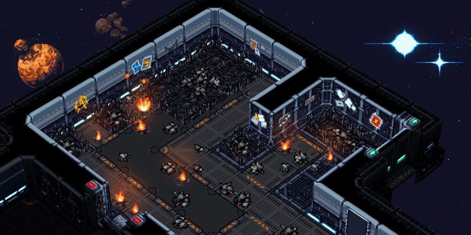Machines in a Starmancer base are on fire