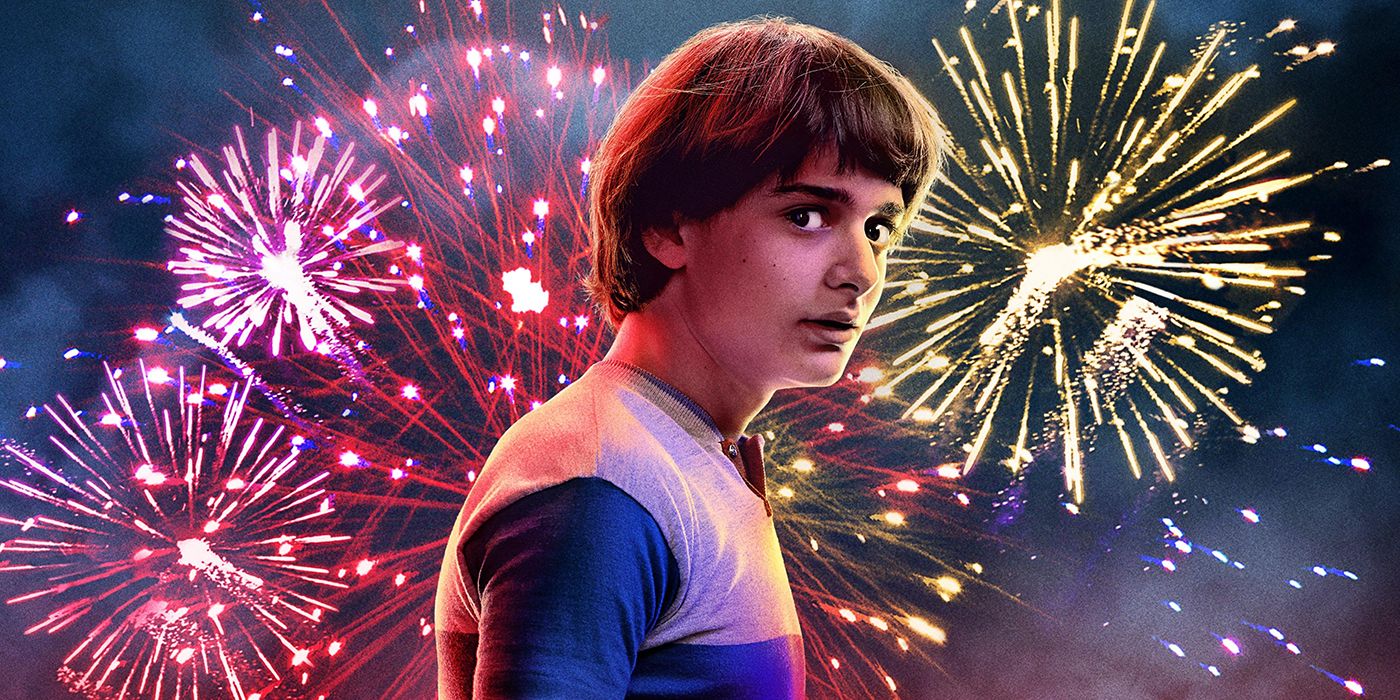 Will Byers with fireworks behind him in a promo image for Stranger Things
