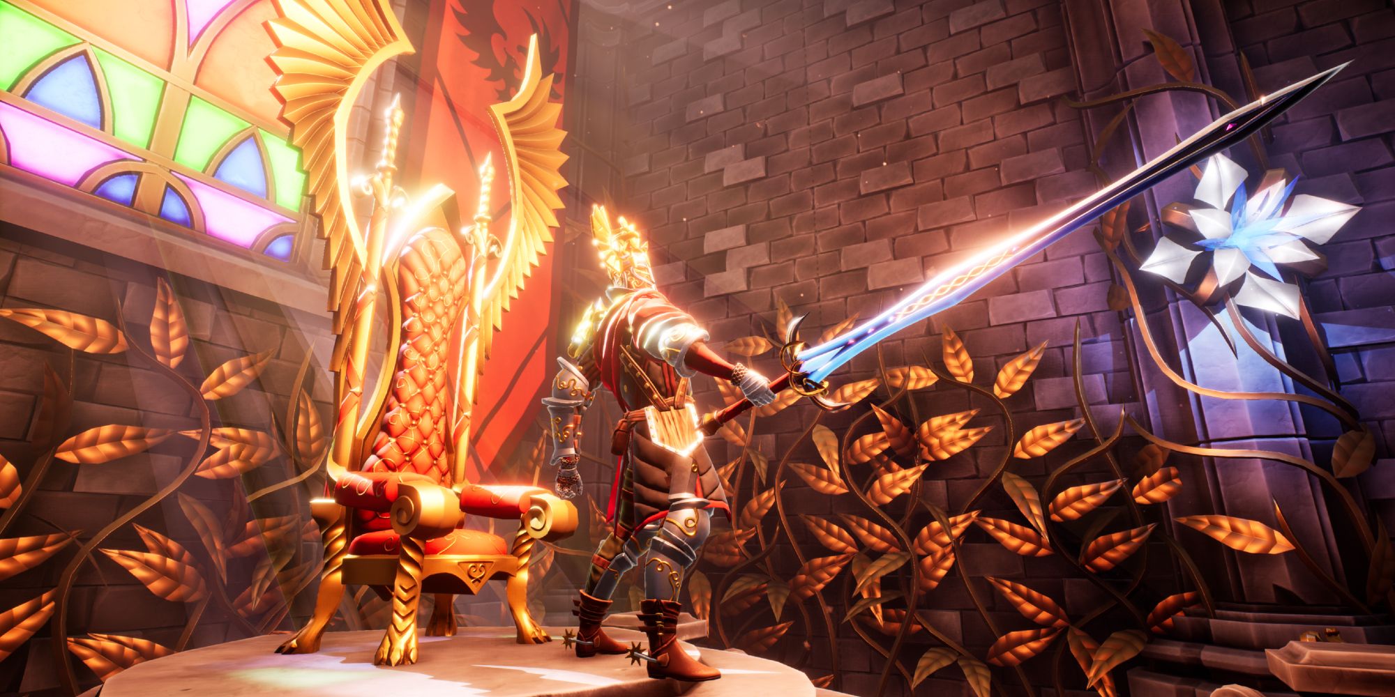 A man in front of a throne holding out a sword in the trailer for the game, Stray Blade