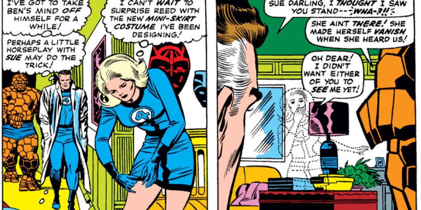 Sue Storm tries on new mini skirt costume in Fantastic Four comics.