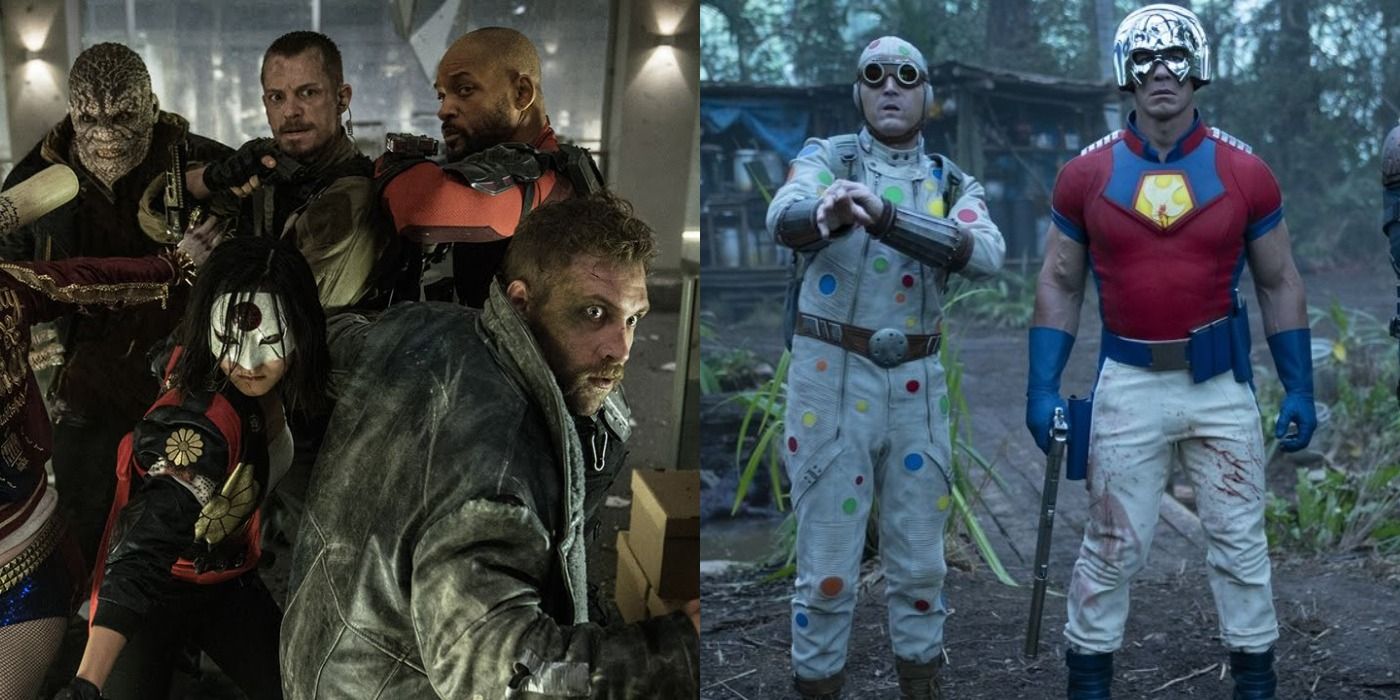 Split image of Task Force X in battle formation and Peacemaker and Polka-Dot Man look worried