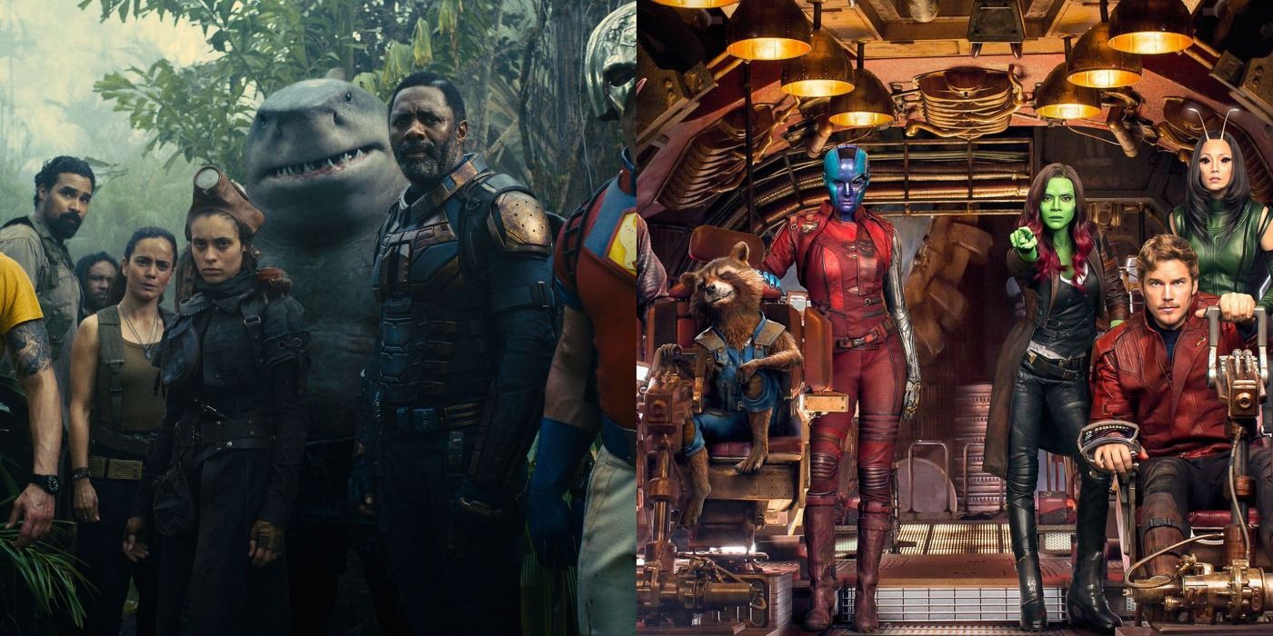 Suicide Squad in a jungle and Guardians of the Galaxy on their ship.