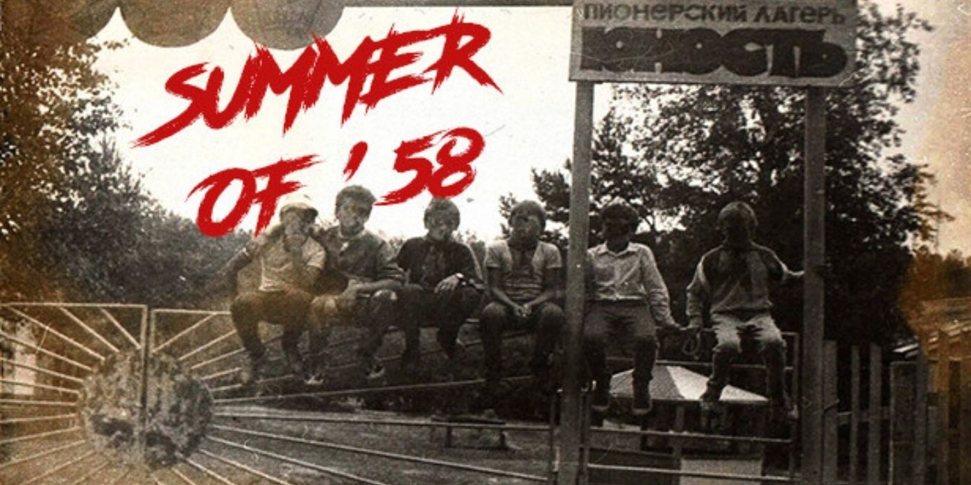 A group of scary-looking children sitting on a fence next ot the Summer of '58 title card