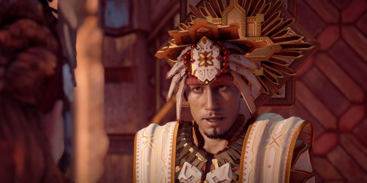 Sun King Avad talks sternly to Aloy in the video game Horizon Zero Dawn.