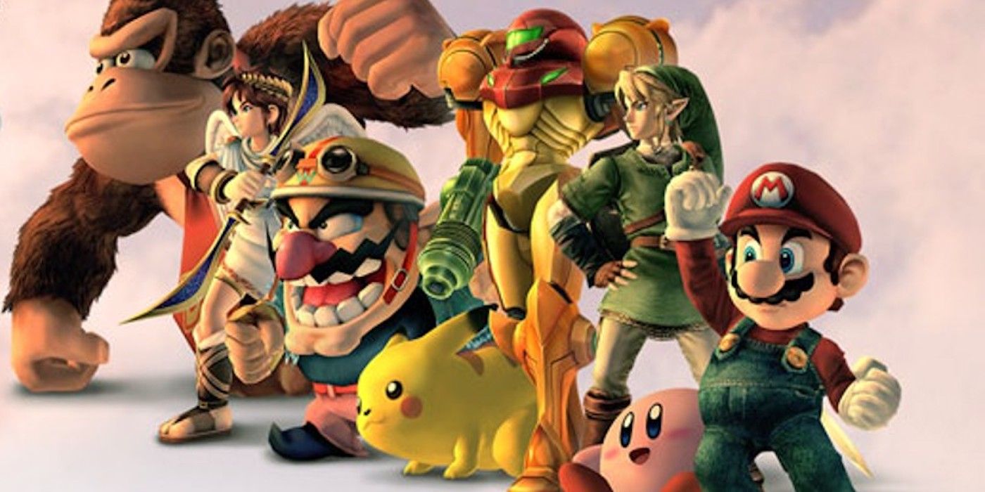 Imagem promocional de Super Smash Bros. Brawl com mario, pikachu, link, kong, samas etc. 