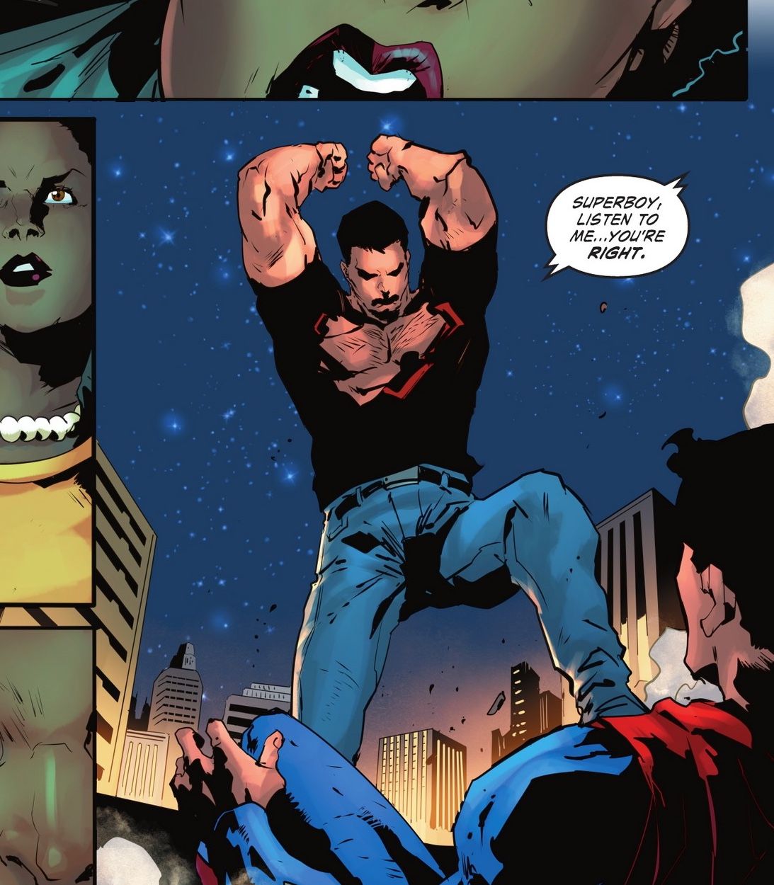 Superboy standing triumphant over Ultraman