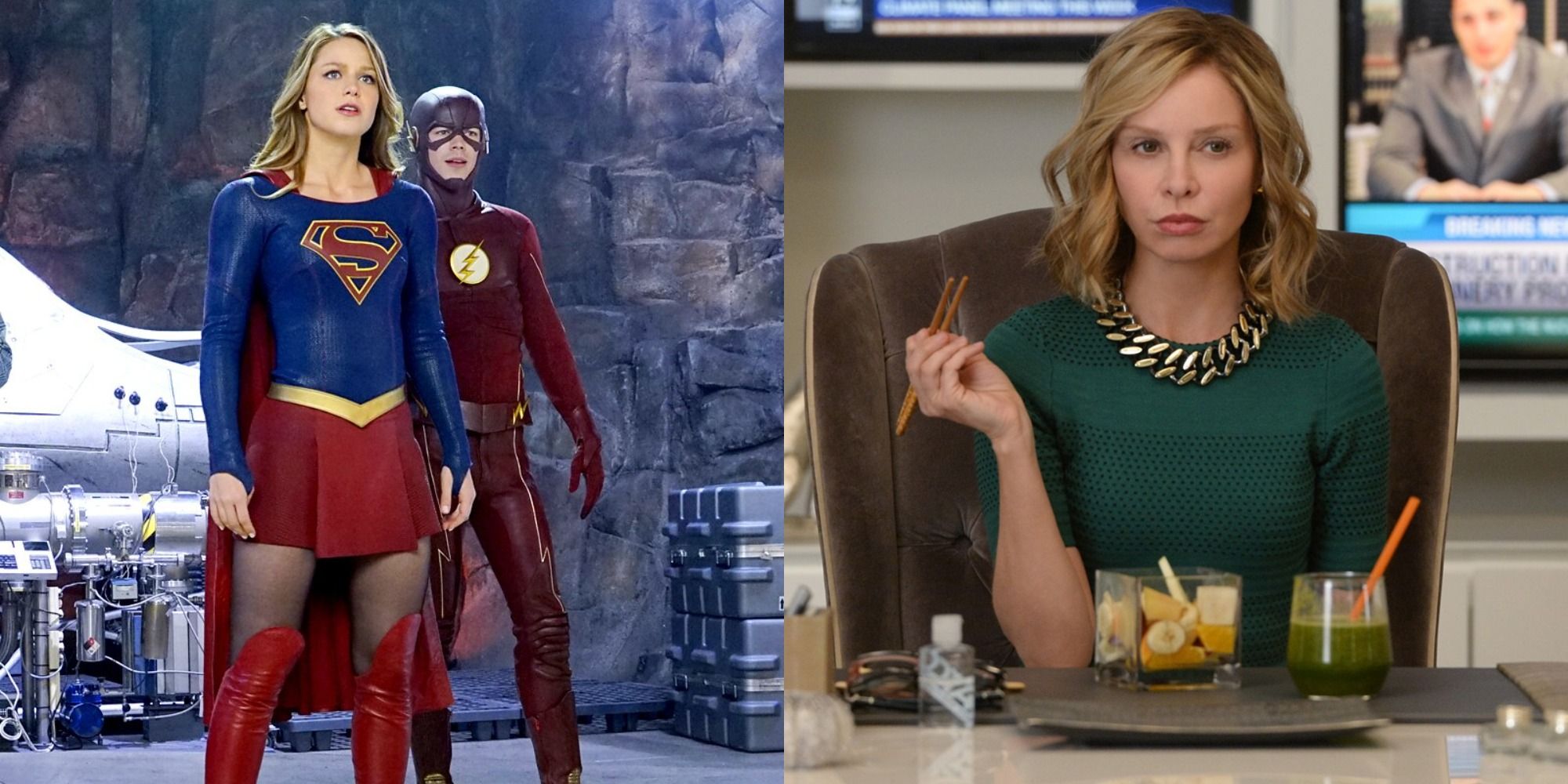 Split image showing Supergirl and Flash and Cat Grant in her desk