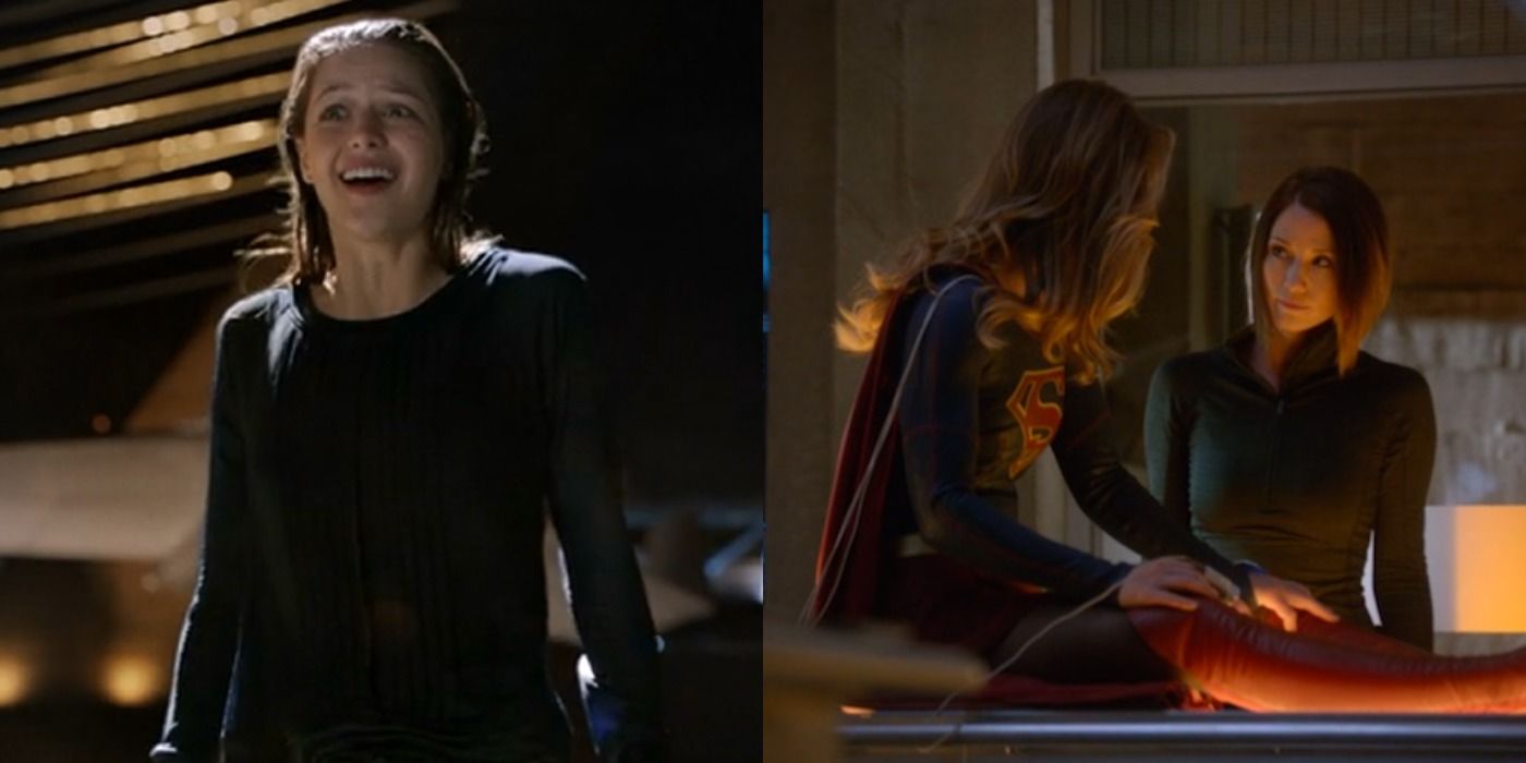 Split image showing Kara wet in the Pilot episode and Kara and Alex talking in the season one finale