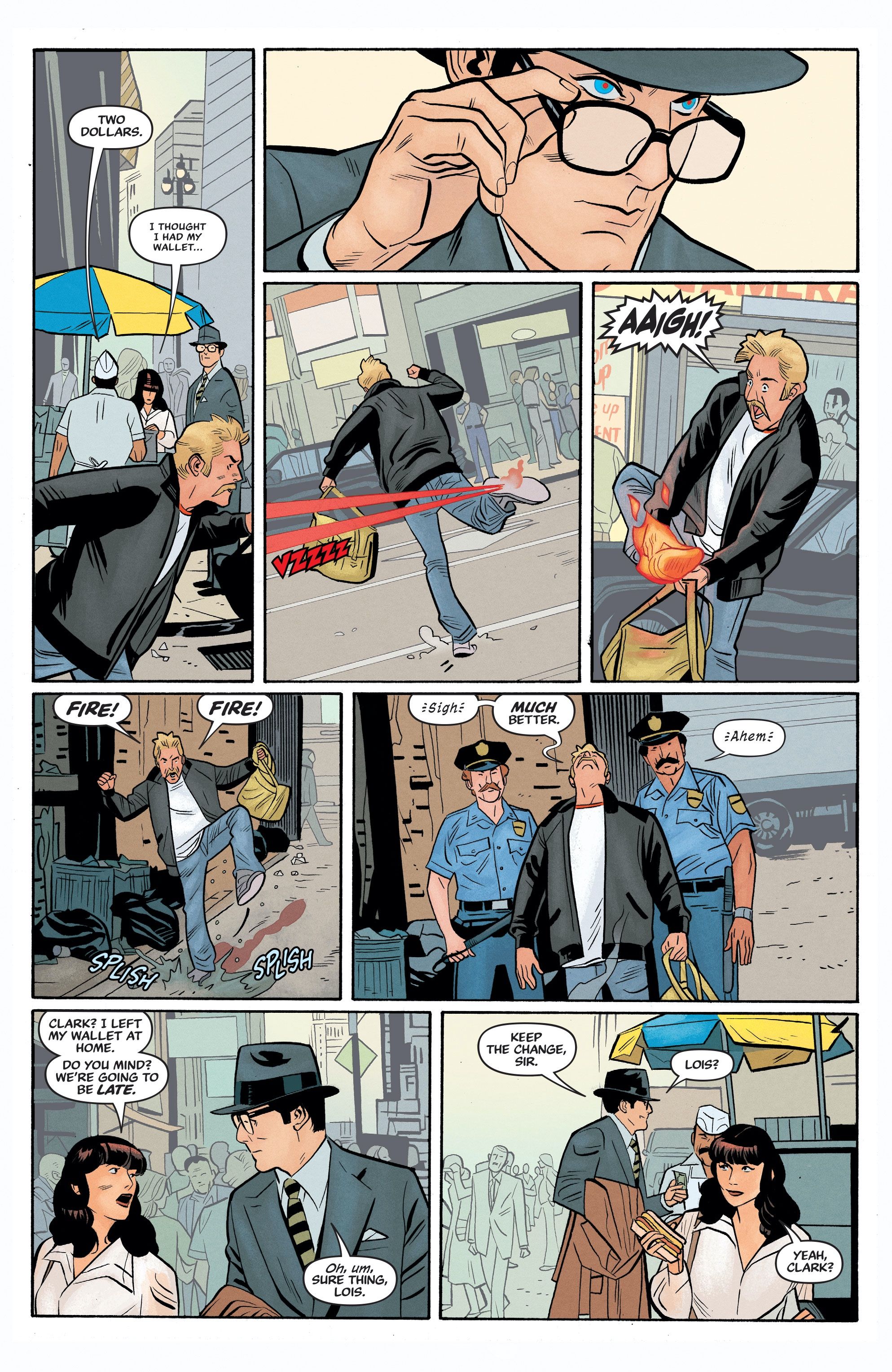 Superman uses his heat vision to foil a purse snatching attempt
