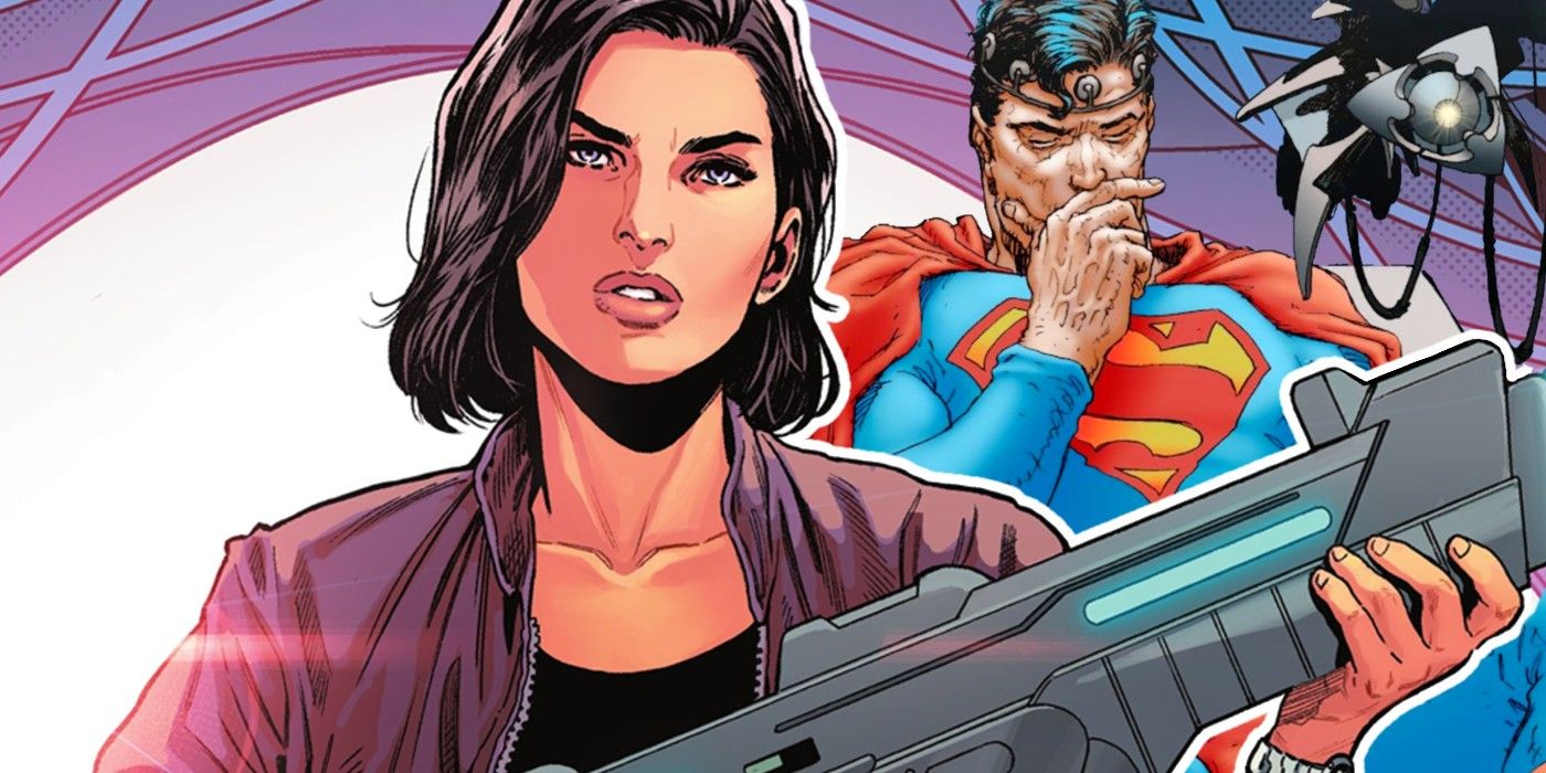 Lois Lane holds a gun as Superman looks on in DC Comics.