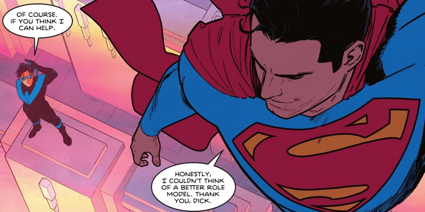 Superman flying away talking to Nightwing
