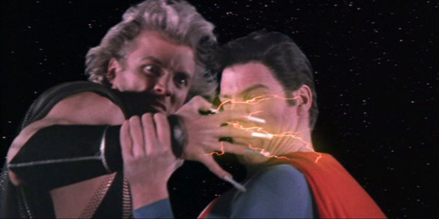 Superman holding Nuclear Man's hands in a still from Superman IV