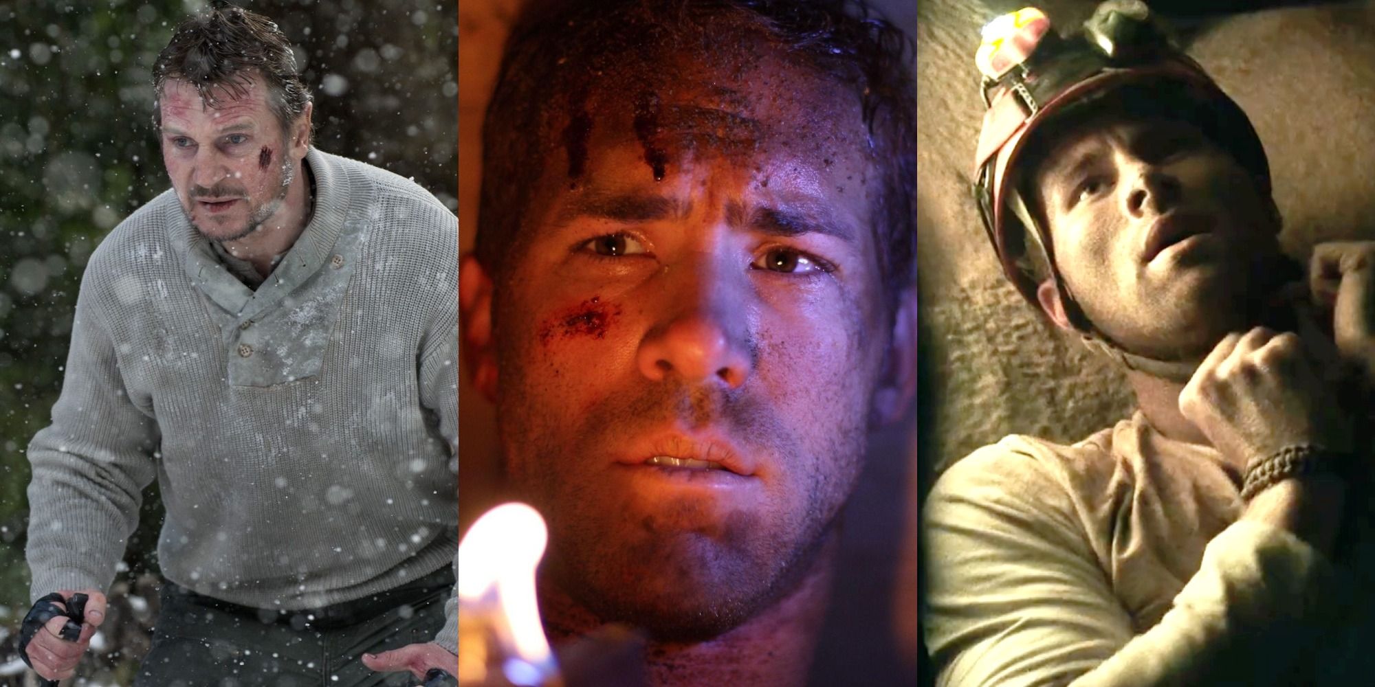 Collage of survival movies including The Gray, Buried, and