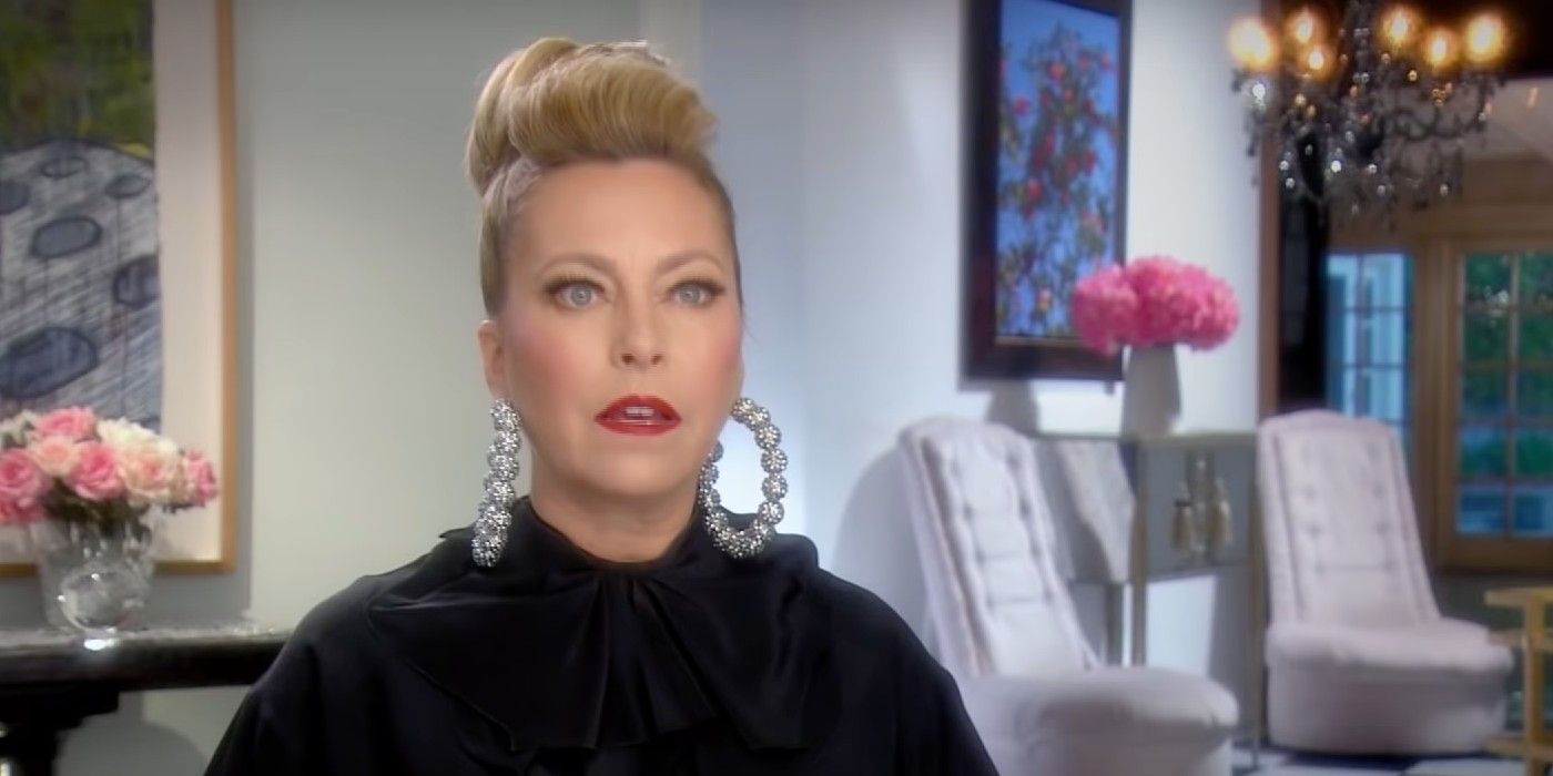 Sutton Stracke talking to the camera and looking serious on RHOBH