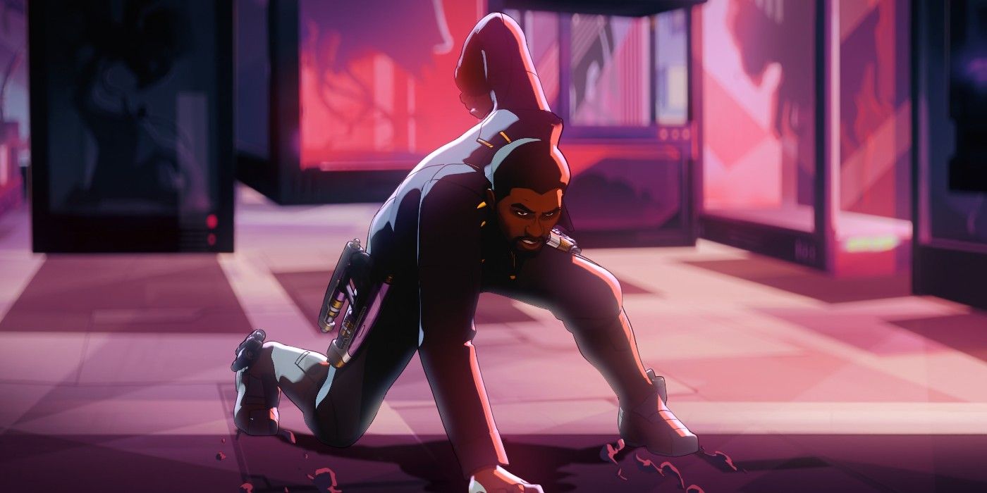 An image of T&rsquo;Challa as Star-Lord doing a superhero landing pose.