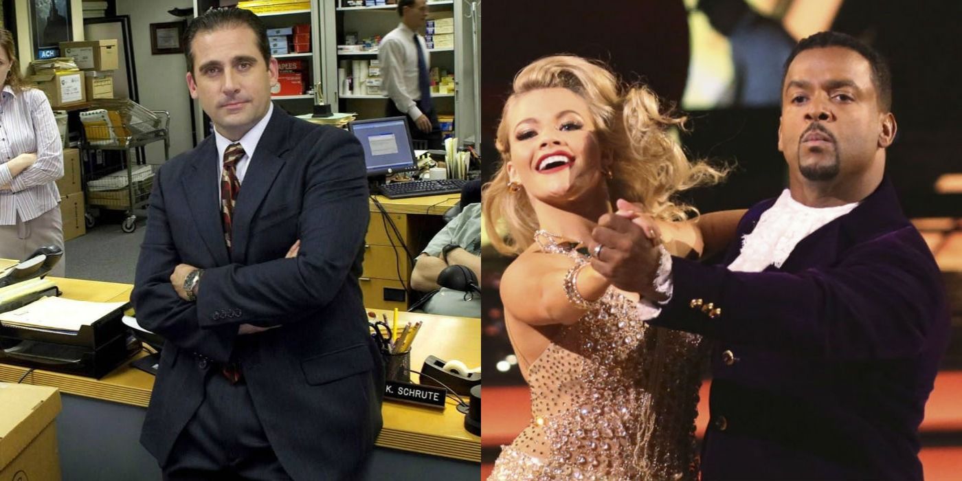 Split image: Michael Scott poses in his office/ Alfonso Ribeiro dances in Dancing with the Stars