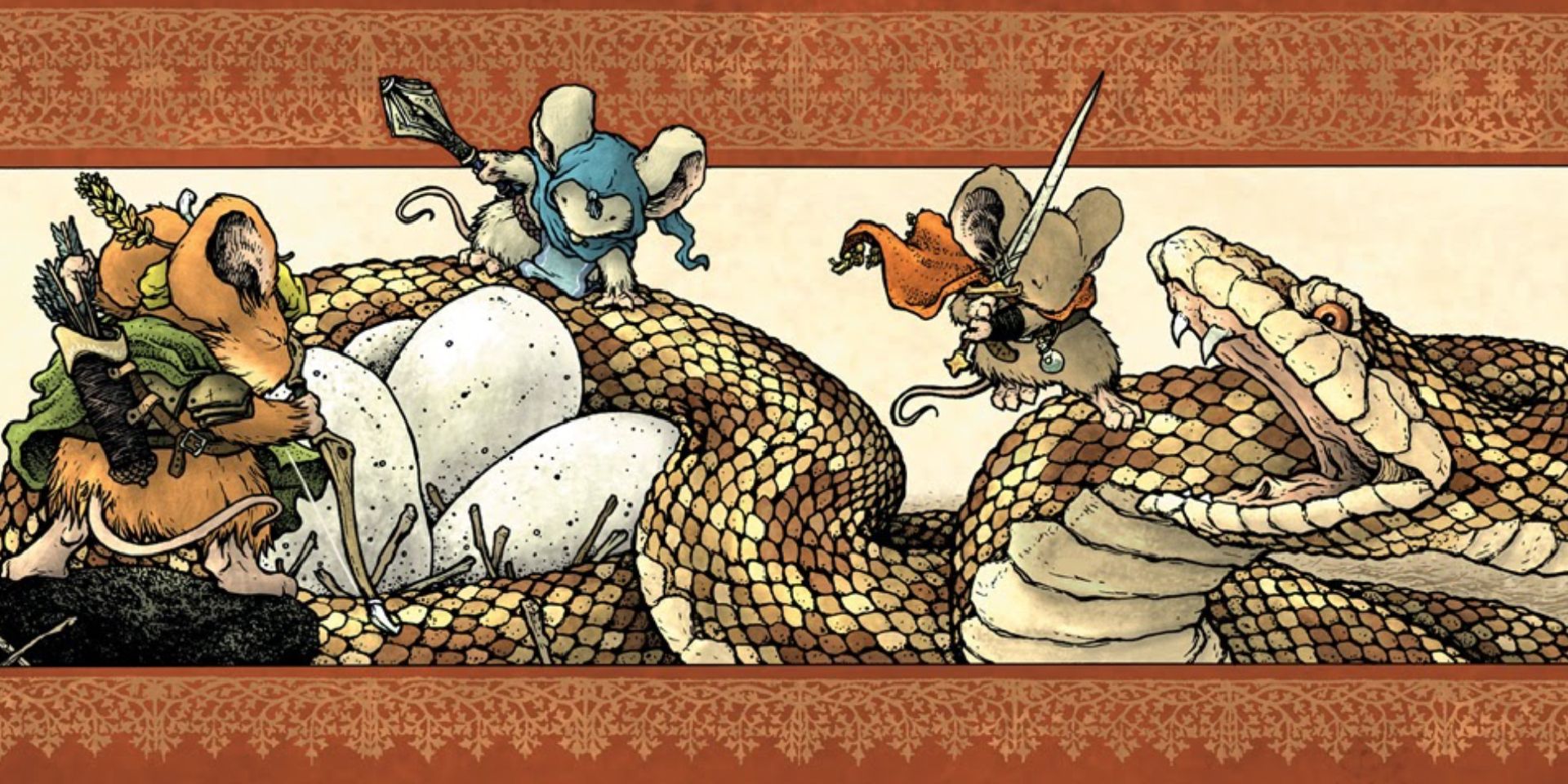 Three Mice in Medival Clothes Fighting A Snake