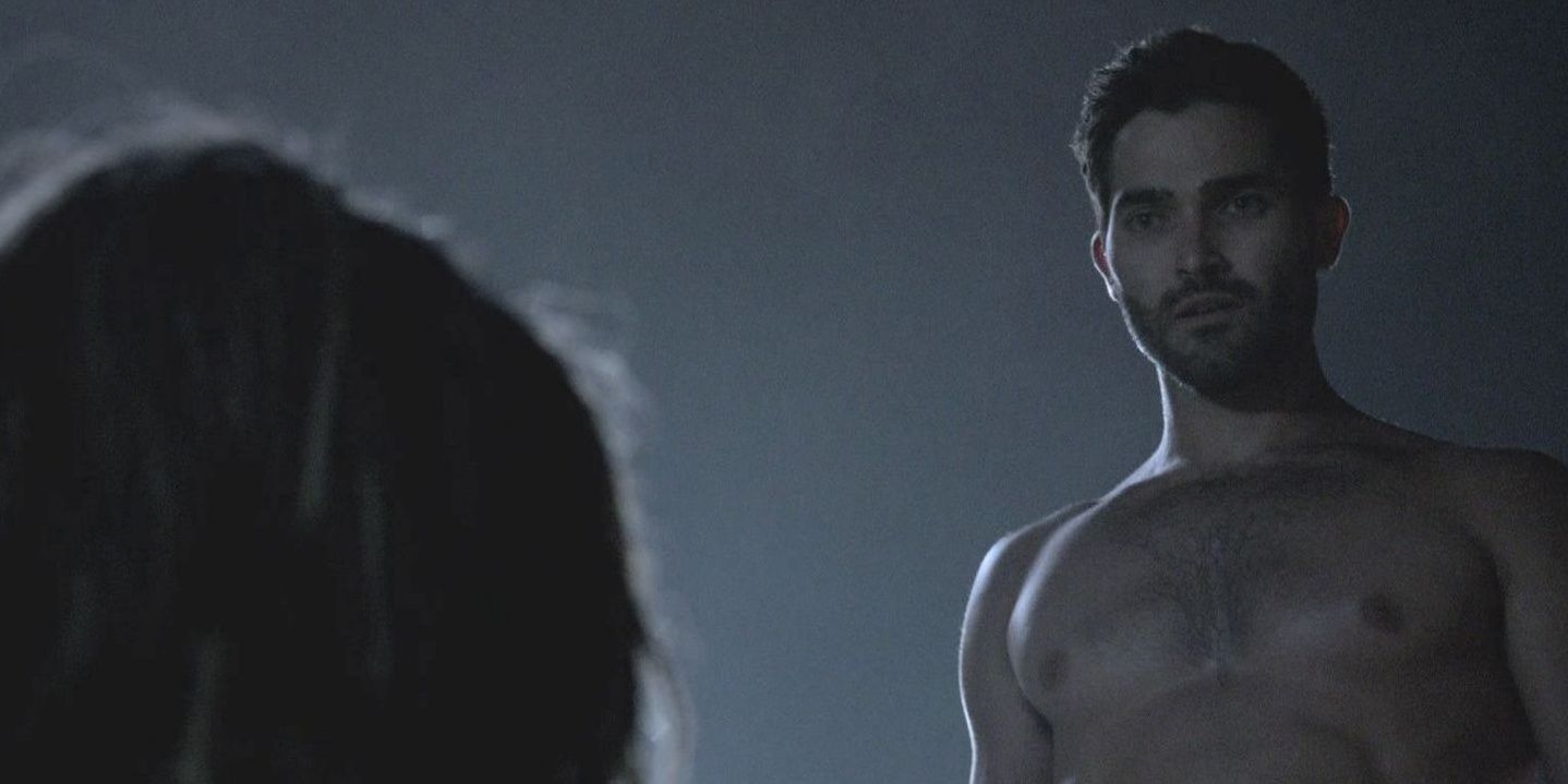 Derek from Teen Wolf stands above Kate Argent at night in Teen Wolf.