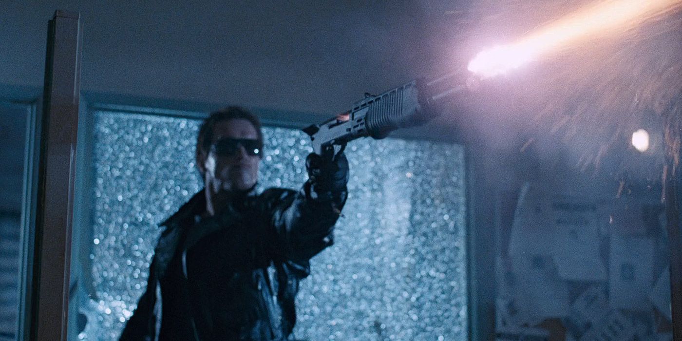 The Terminator kills a police officer with a shotgun in The Terminator.