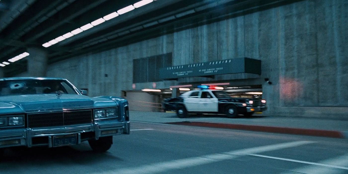 The Terminator chases after Kyle and Sarah in a stolen police car