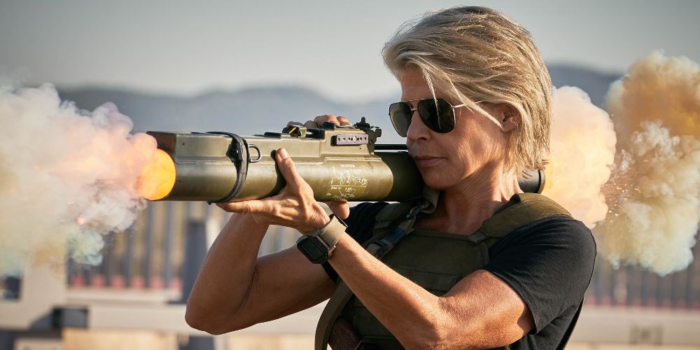Sarah fires a rocket launcher in Terminator: Dark Fate