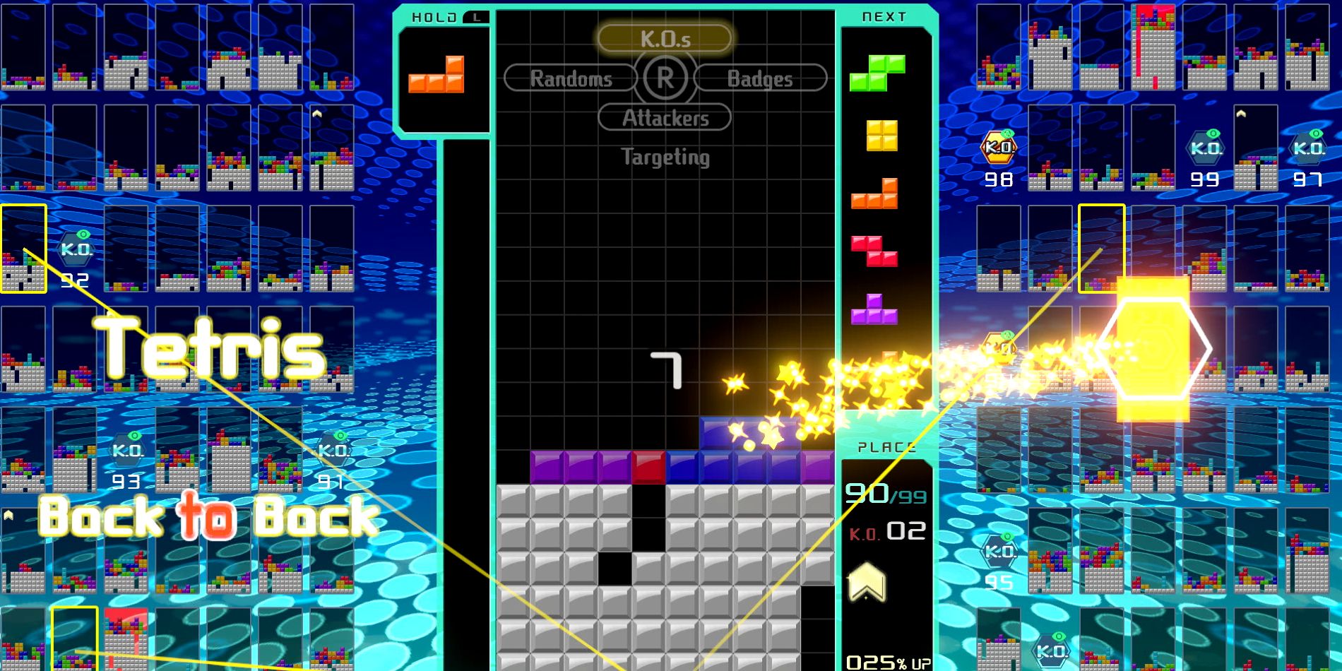A screenshot of gameplay with descending blocks in the Nintendo Switch game Tetris 99.