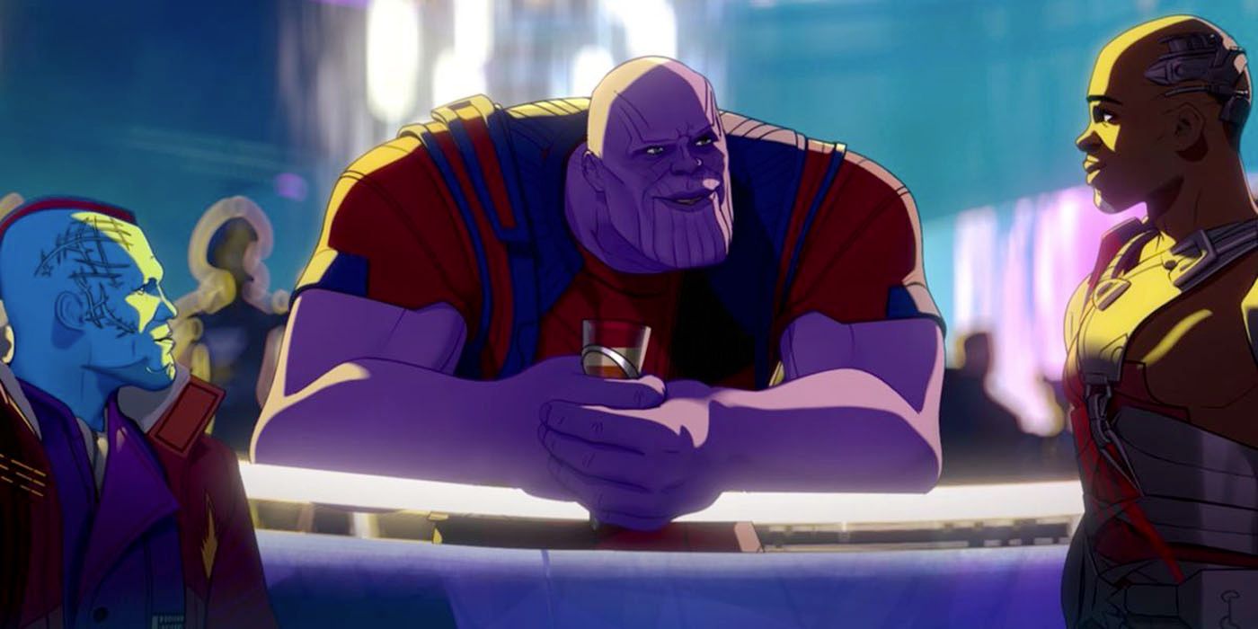 Thanos having drinks and talking to Yondu and another guy in What If.