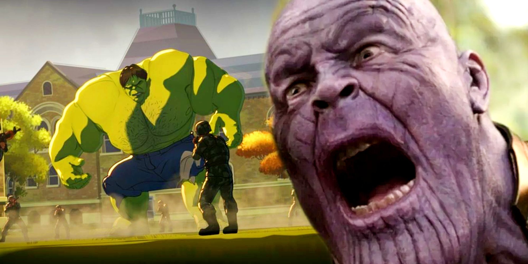 Thanos in Avengers Infinity War and Hulk in What If