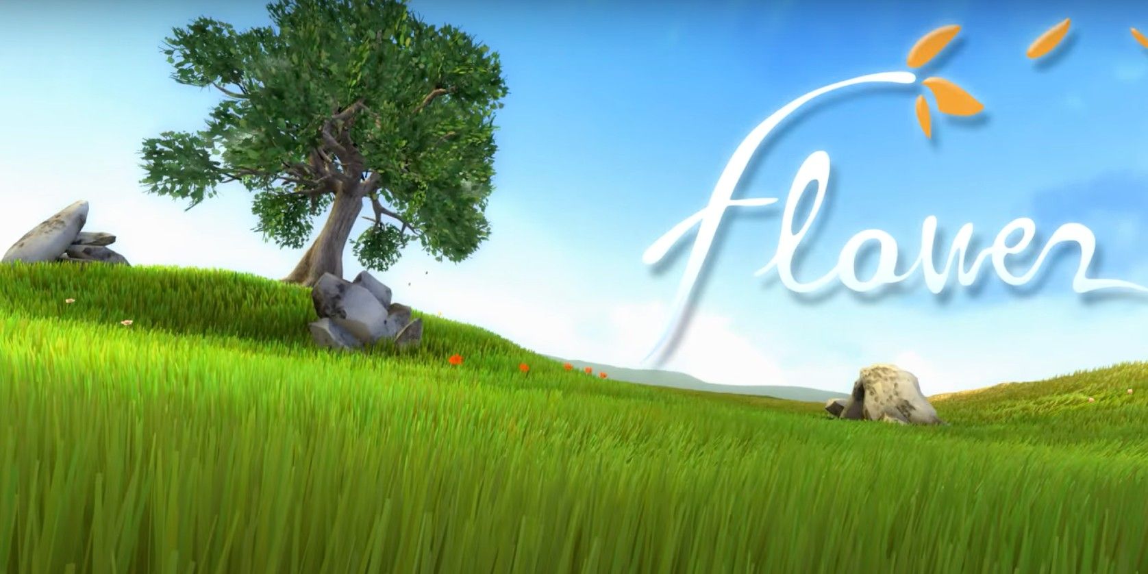 A screenshot of the title screen showing the game's title superimposed on a grassy field with a tree in the game, Flower.