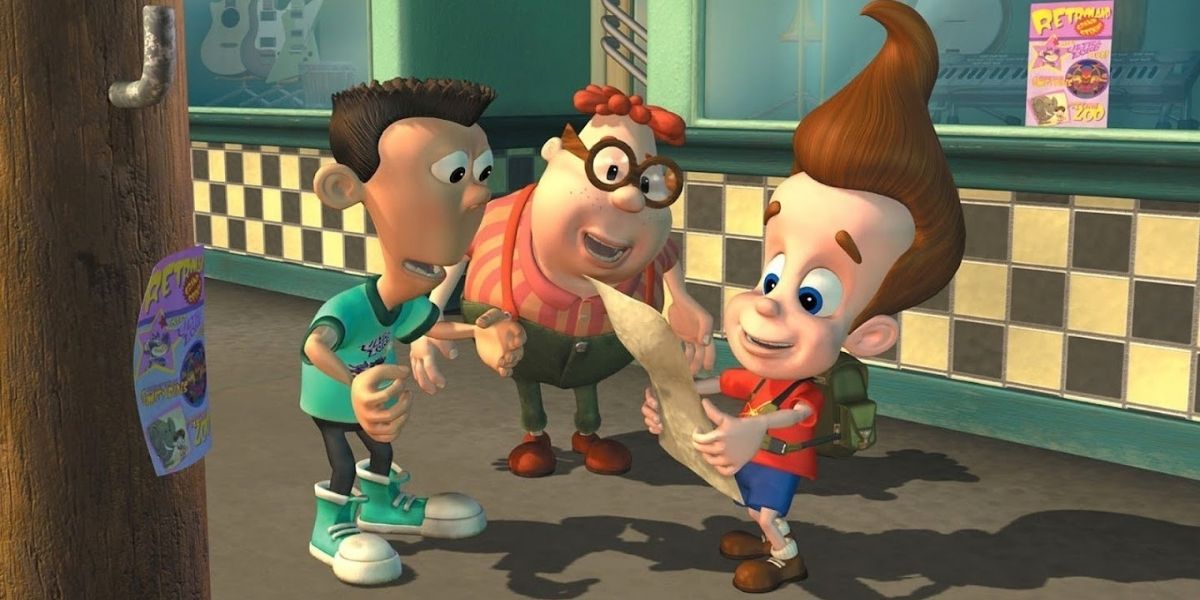 Jimmy, Carl e Sheen olhando para um mapa em The Adventures Of Jimmy Neutron, Boy Genius (2002-2006)