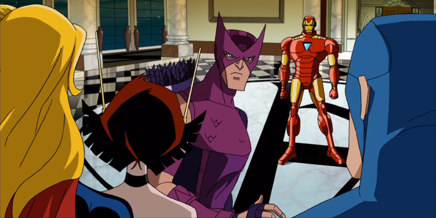 The Avengers showing mistrust in Hawkeye in Avengers: Earth's Mightiest Heroes