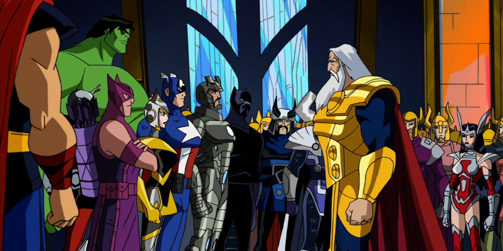 The Avengers speaking with Odin on Asgard in Avengers: Earth's Mightiest Heroes