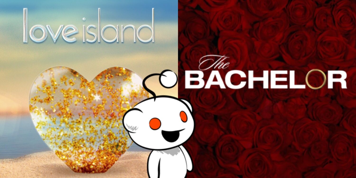 Reddit's mascot, Snoo, looking at a poster for 'The Bachelor' and ignoring one for 'Love Island'.