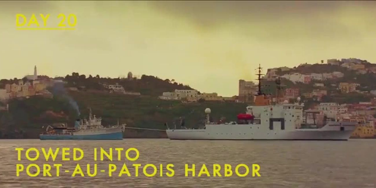 The Belafonte is towed into port in The Life Aquatic.