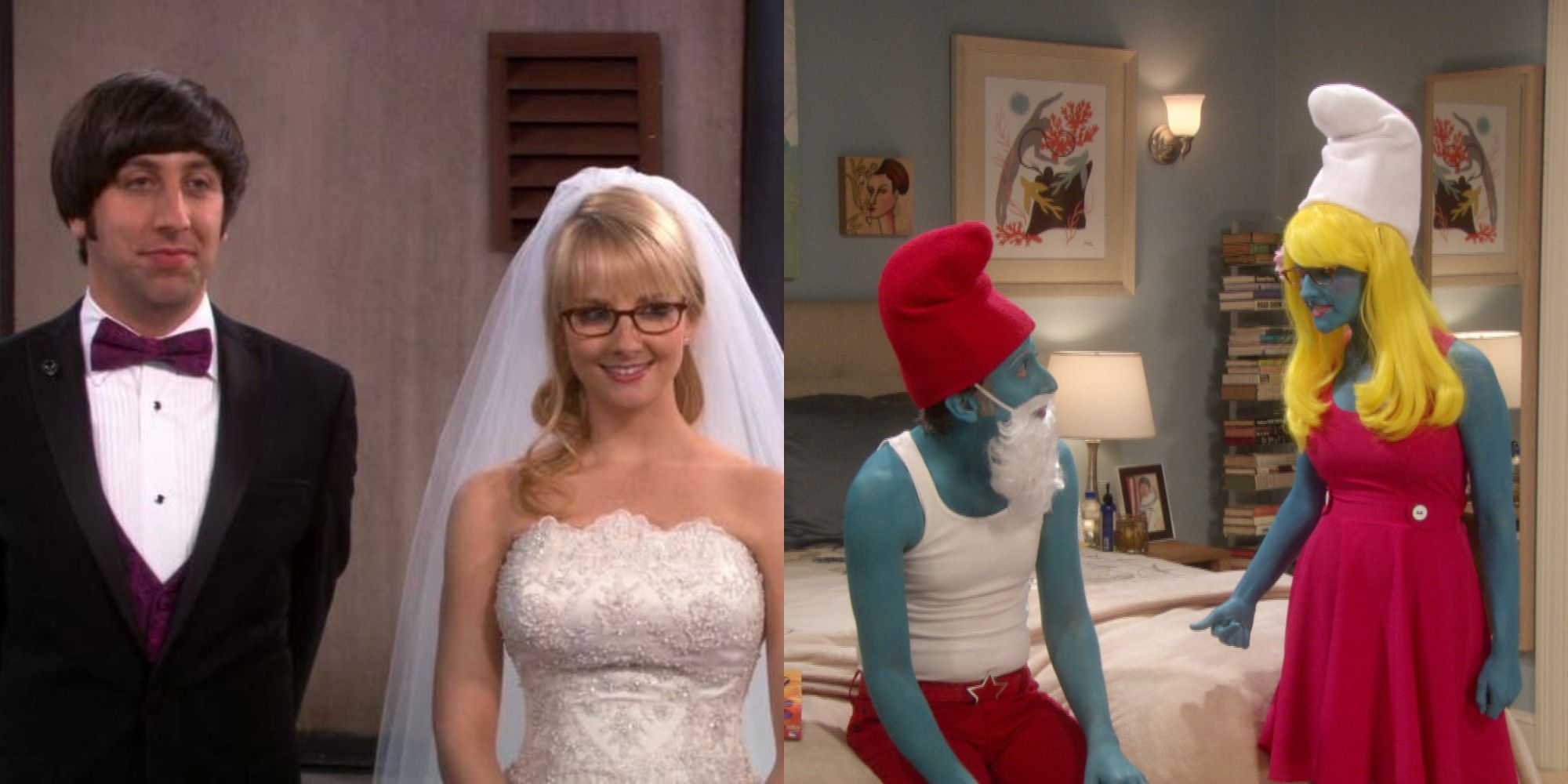 Split image showing Howard and Bernadette getting married and dressed as smurfs in The Big Bang Theory