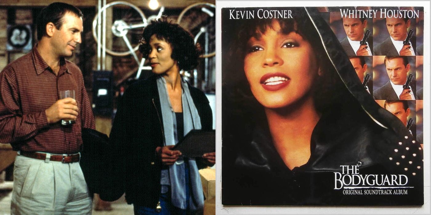 Split image showing Kevin Costner and Whitney Houston in The Bodyguard, and the movie's soundtrack
