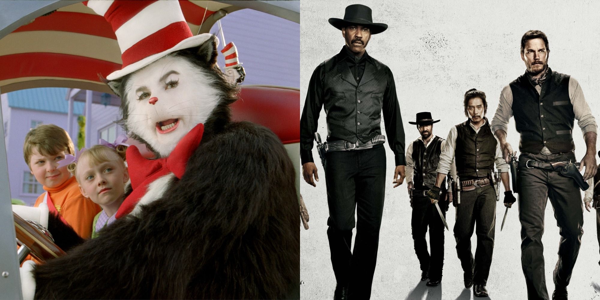 Split image showing the Cat and the Waldens in The Cat in the Hat and the main characters in The Magnificent 7