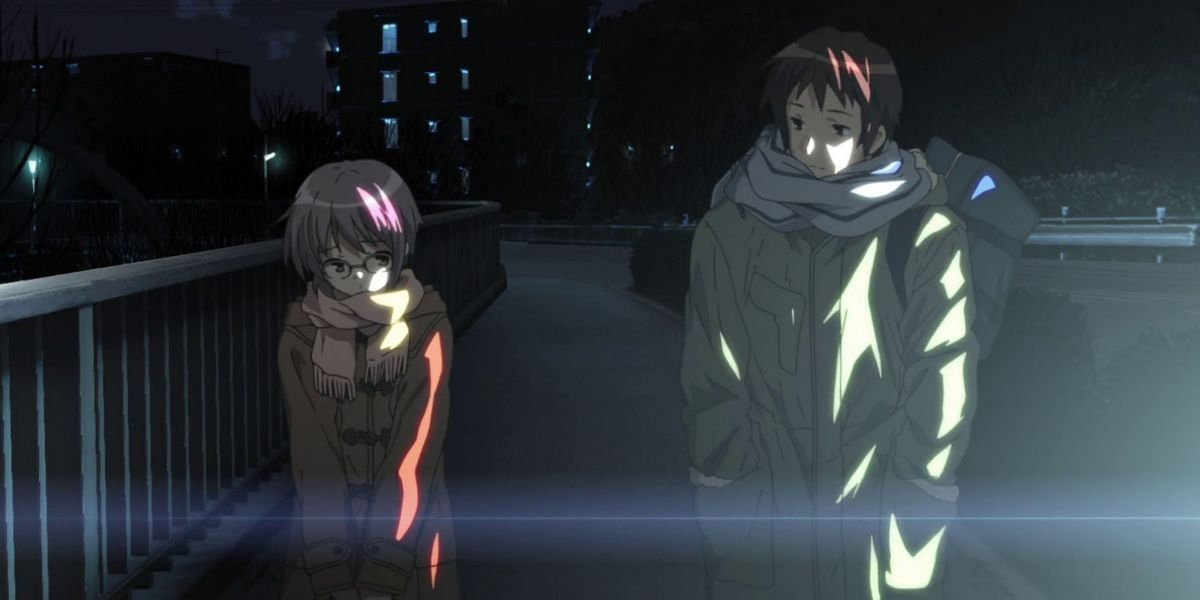 Yuki and Kyon dressed for cold weather in The Disappearance Of Haruhi Suzumiya