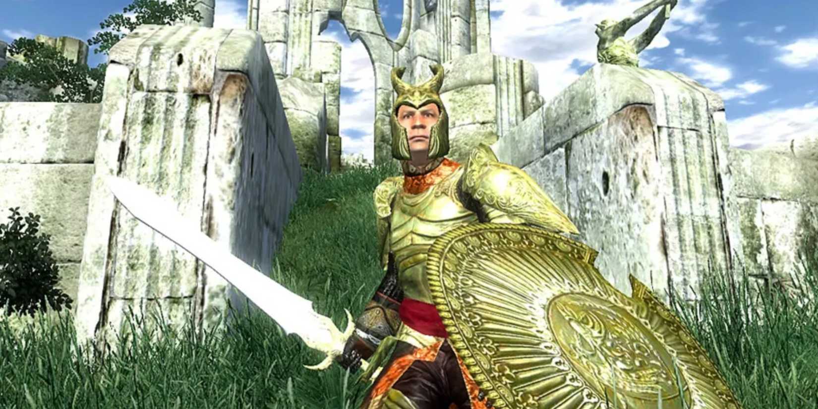 Character bedecked in golden armor and weaponry in The Elder Scrolls 4: Oblivion.