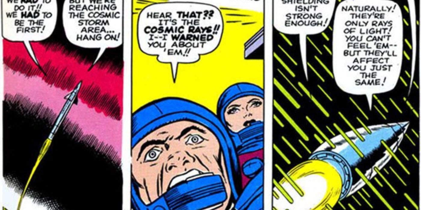 The Fantastic Four encounter cosmic rays in Fantastic Four 1 comic book.