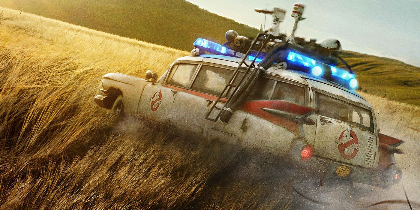 The Ghostbusters car racing through a field in Ghostbusters Afterlife.